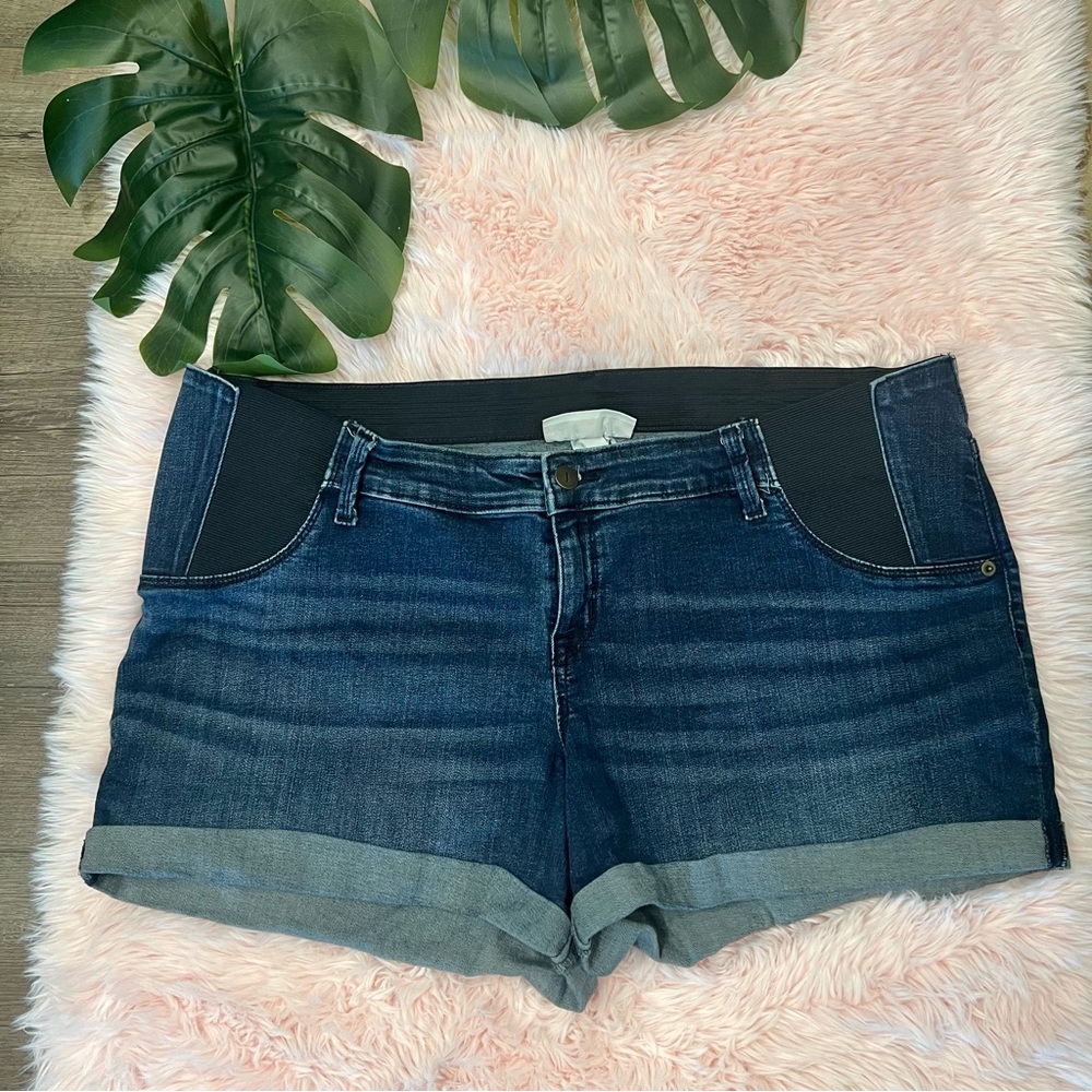 Isabel Maternity Dark Wash MIDI Roll Cuffed Denim Blue Jean Shorts Sz 16